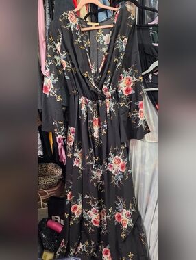 Ricaprica Long Black OR Burgundy Floral Dress, Tie At Waist, Slit Sleeves